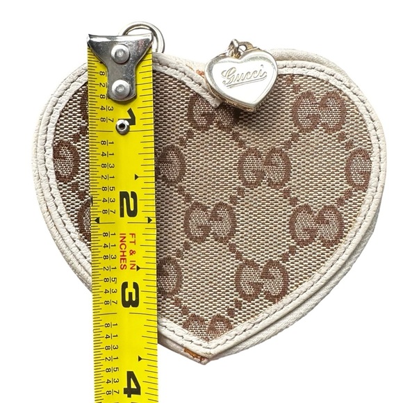 GUCCI Tan GG Monogram Canvas & White Brown Leather Heart Coin Pouch Case - Picture 12 of 12